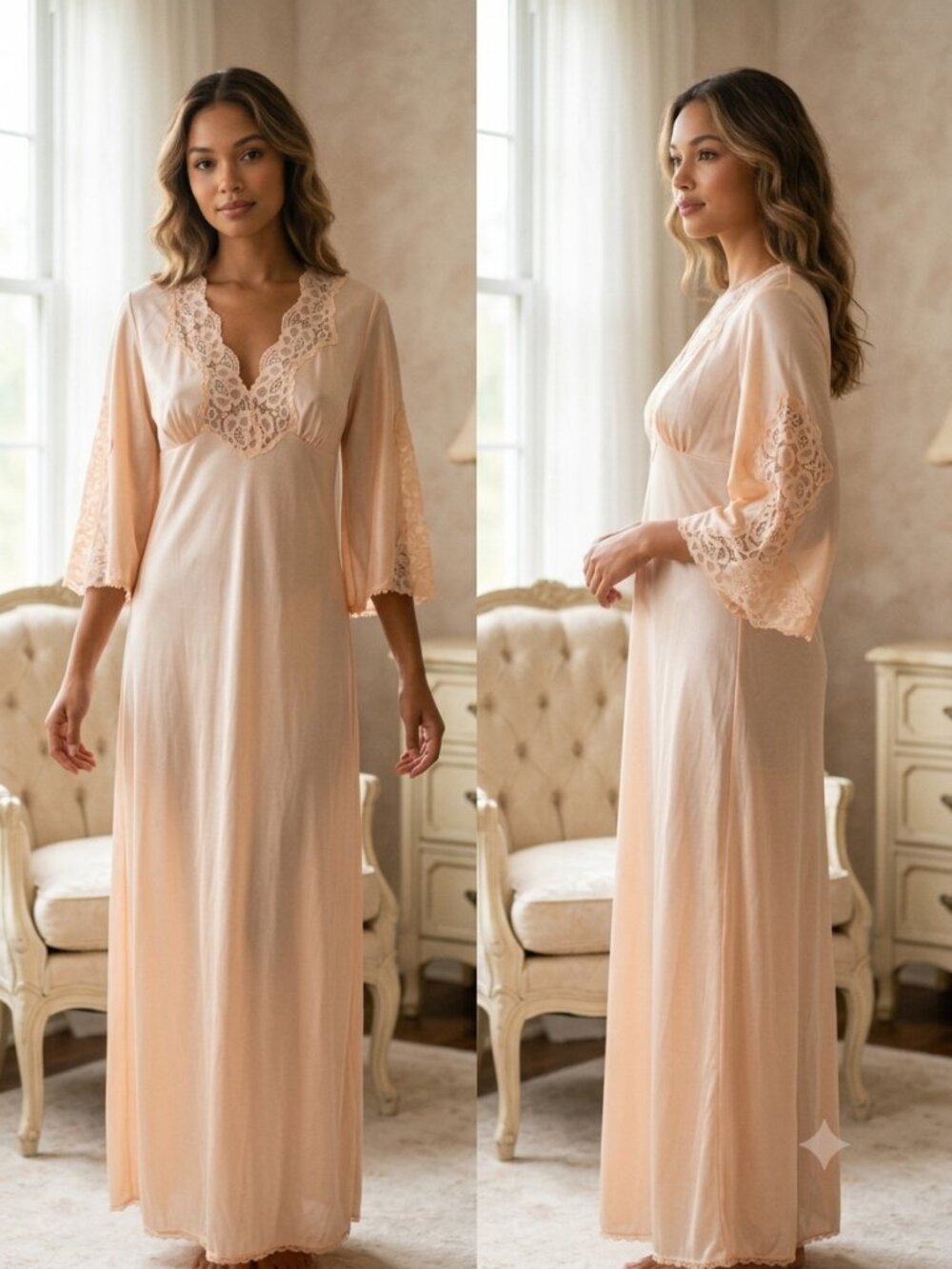 Trikota Vrbove Peach Lace Y2K Coquette Lace Silky Trumpet Sleeve Maxi Nightgown